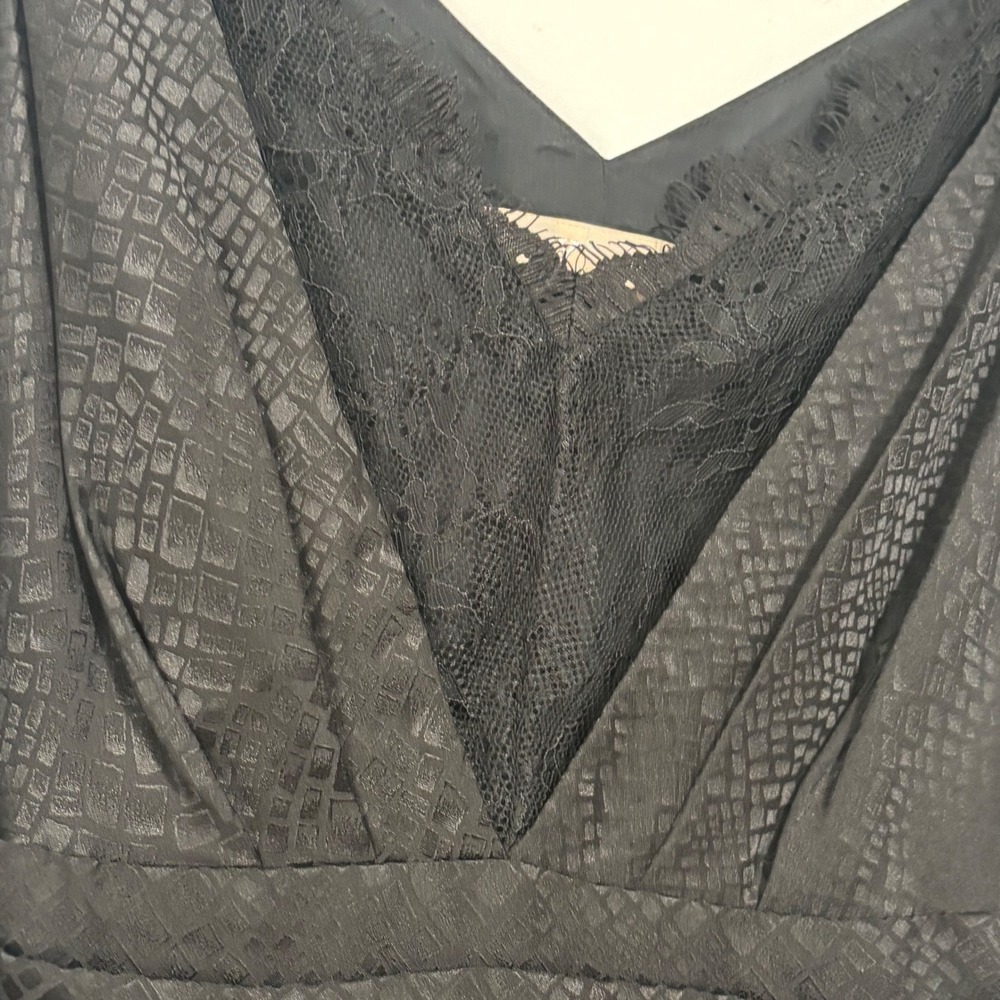 Hype Black Washable Silk Snakeskin Jacquard Lace Trim V-Neck Dress Size 2 NWT - Picture 2 of 6
